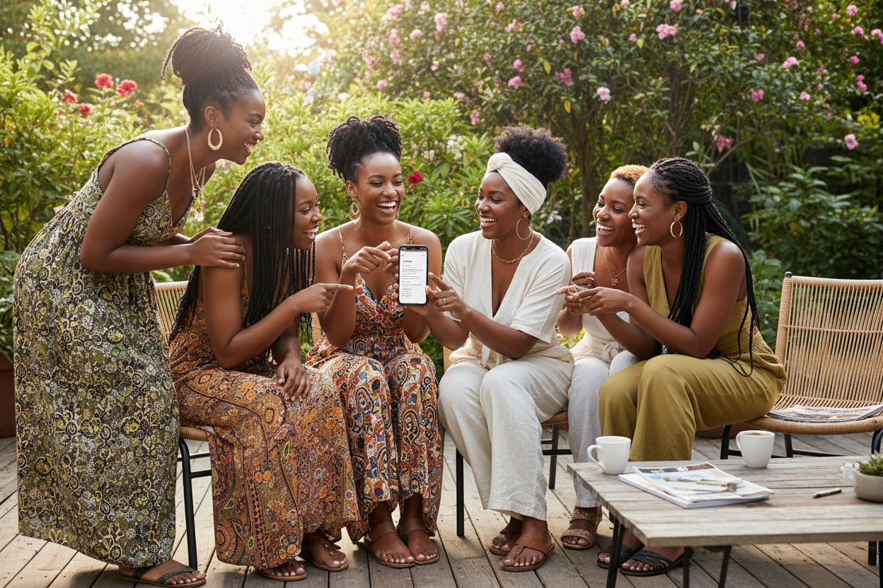 Online shopping reading ingredients black woman out with other black friends